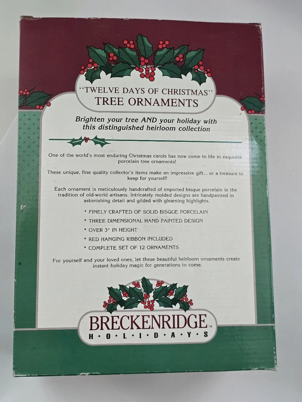 Vintage Breckenridge Holidays Twelve Days of Christmas Porcelain Ornament Set 12